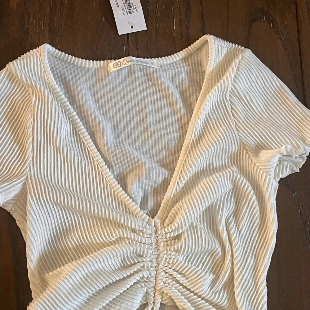 Cream Ribbed Ruched Blouse - Picture 7 of 7